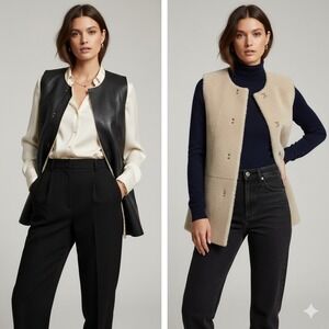 RHIE Womens Reversible Shearling Leather Vest Black Beige Size Medium